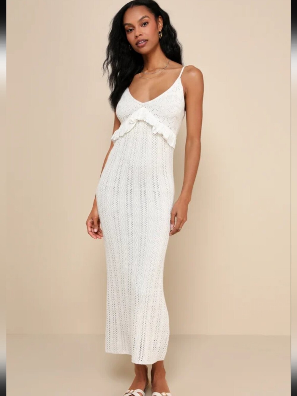 Lulus Crochet Knit Ruffled Midi Dress